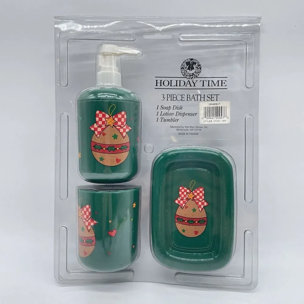Holiday Time Christmas Ornament 3 Pc Bath Set Soap Dish Dispenser Tumbler NIP